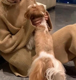 カーキのニットセットアップを着た人物が犬と遊んでいる様子。リラックスした雰囲気