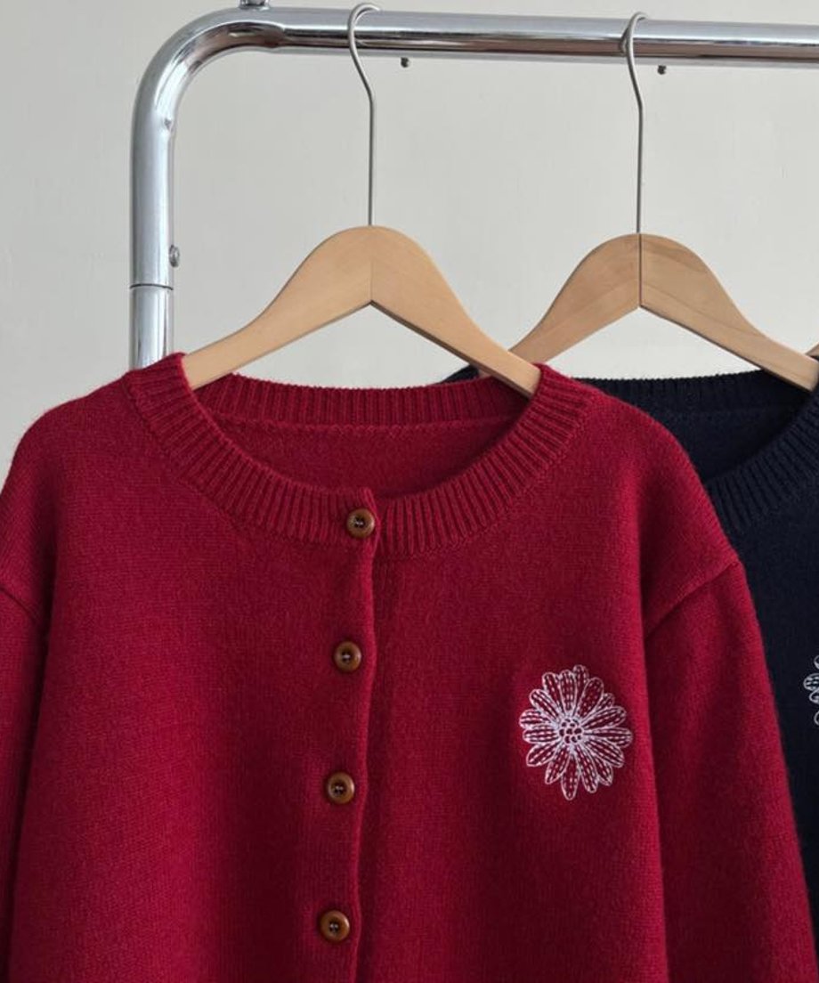 レッドの花柄刺繡ニットカーディガンの胸元をアップで撮影。円形のクルーネックとリブ編みの襟元、茶色のボタン、白い糸で施された花柄の刺繍が鮮明。