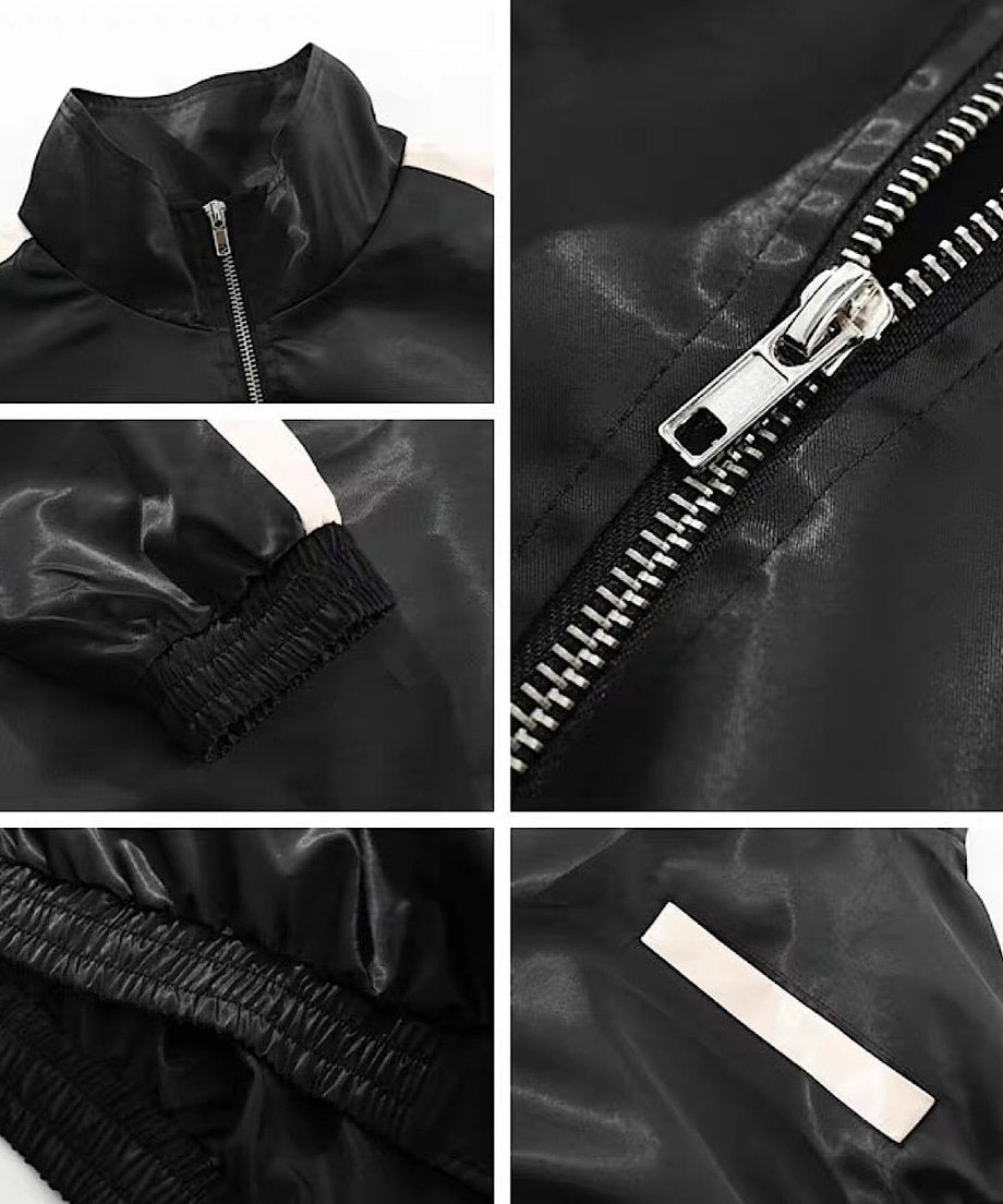黒の光沢ブルゾンのディテールをまとめたコラージュ画像。スタンドカラーのジップ部分、メインジッパーのクローズアップ、袖口のシャーリングディテール、裾（または袖）のリブディテール、ポケットの切り替えラインが見える。